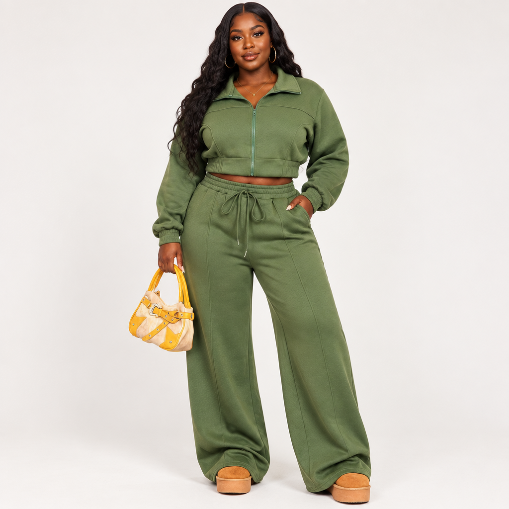 Plus Size Long-Sleeve Long-Pants -Lined Thickened Fashion 2pcs Set