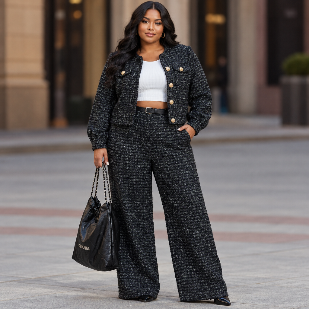 Plus Size Two-Piece Black And Gray Plaid Blazer Paired with Wide-Leg Trousers
