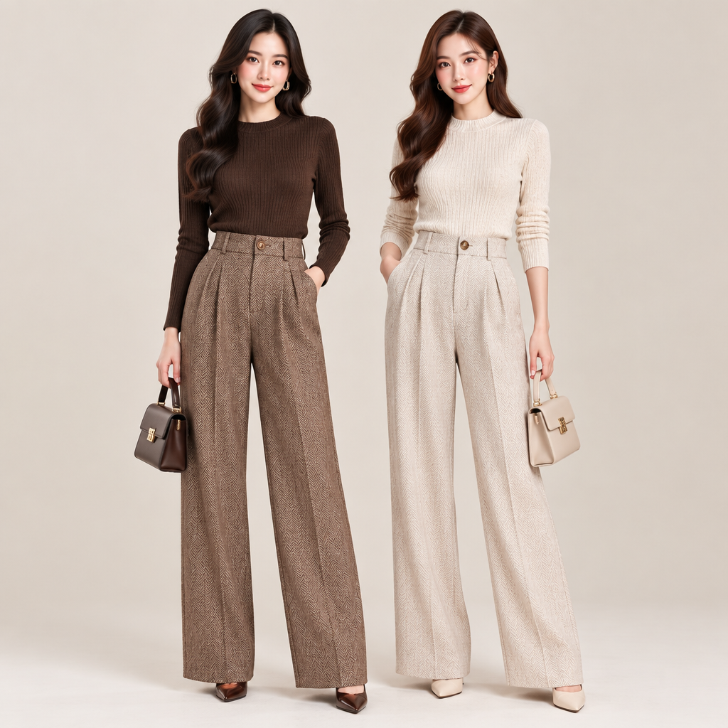 2pcs, Coffee, Apricot, Long Pants
