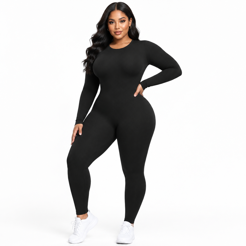Plus Size Ribbed Solid Square Neck Waist-Cinching Long Jumpsuit