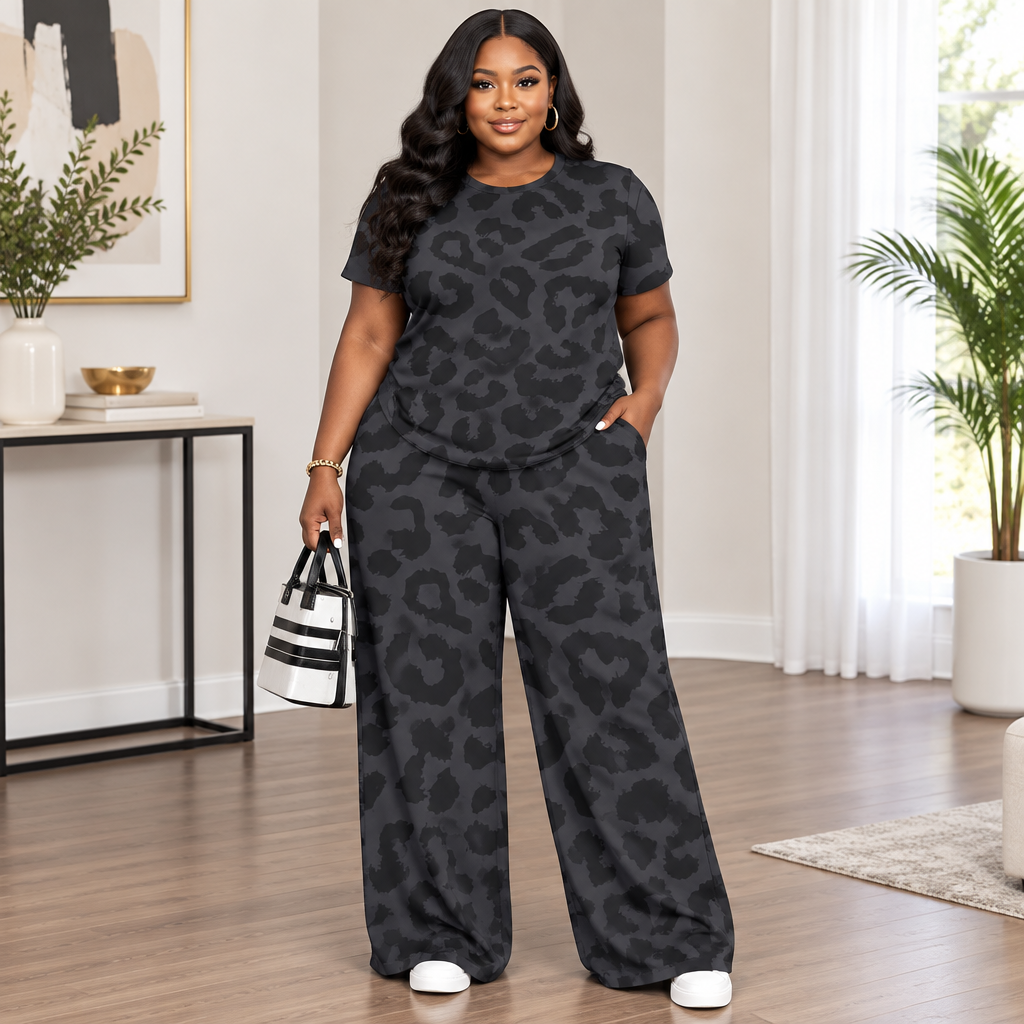 Plus Size 2pcs Set Round Neck Wide Leg Pants Leopard Print