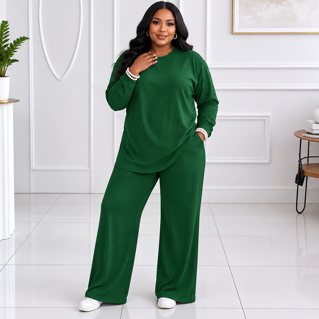 Plus Size Casual Round Neck Top and Pants Set