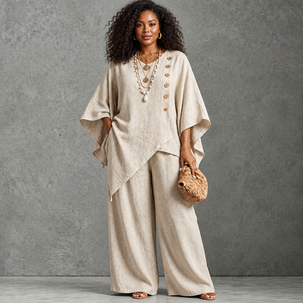 Plus Size Side Wooden Button Round Neck Batwing Sleeve Top And Wide-Leg Pants