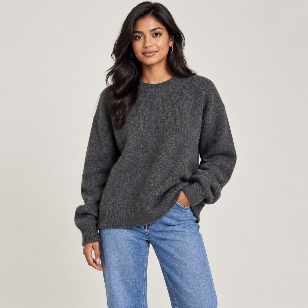 Autumn Casual And Versatile Basic Grey Round-Neck Pullover Sweater
