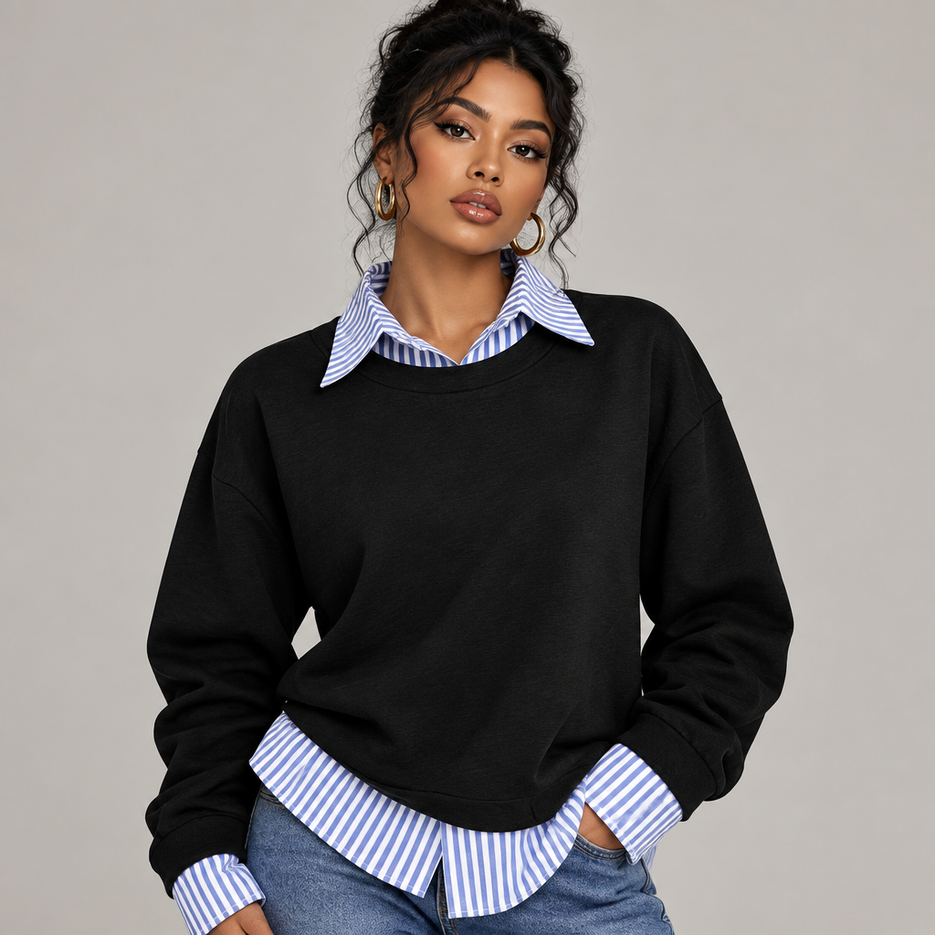 ZD260719046 2026 Autumn/Winter Women's Fashionable Versatile Casual Striped Patchwork Color-Block Lapel Sweatshirt, Suitable for Commuting, Outings, Shopping, Dating, Daily Wear, and Vacation Wear
