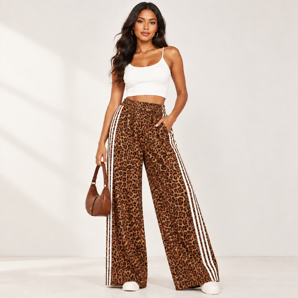 Women's Leopard Print Wide-Leg Pants with Elastic High-Waist