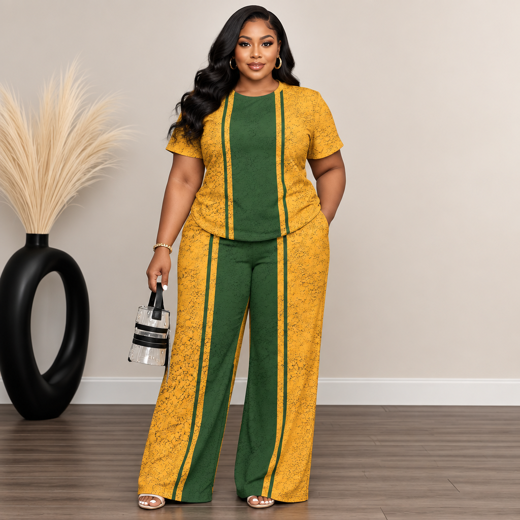 Plus Size 2pcs Set Round Neck Wide Leg Pants