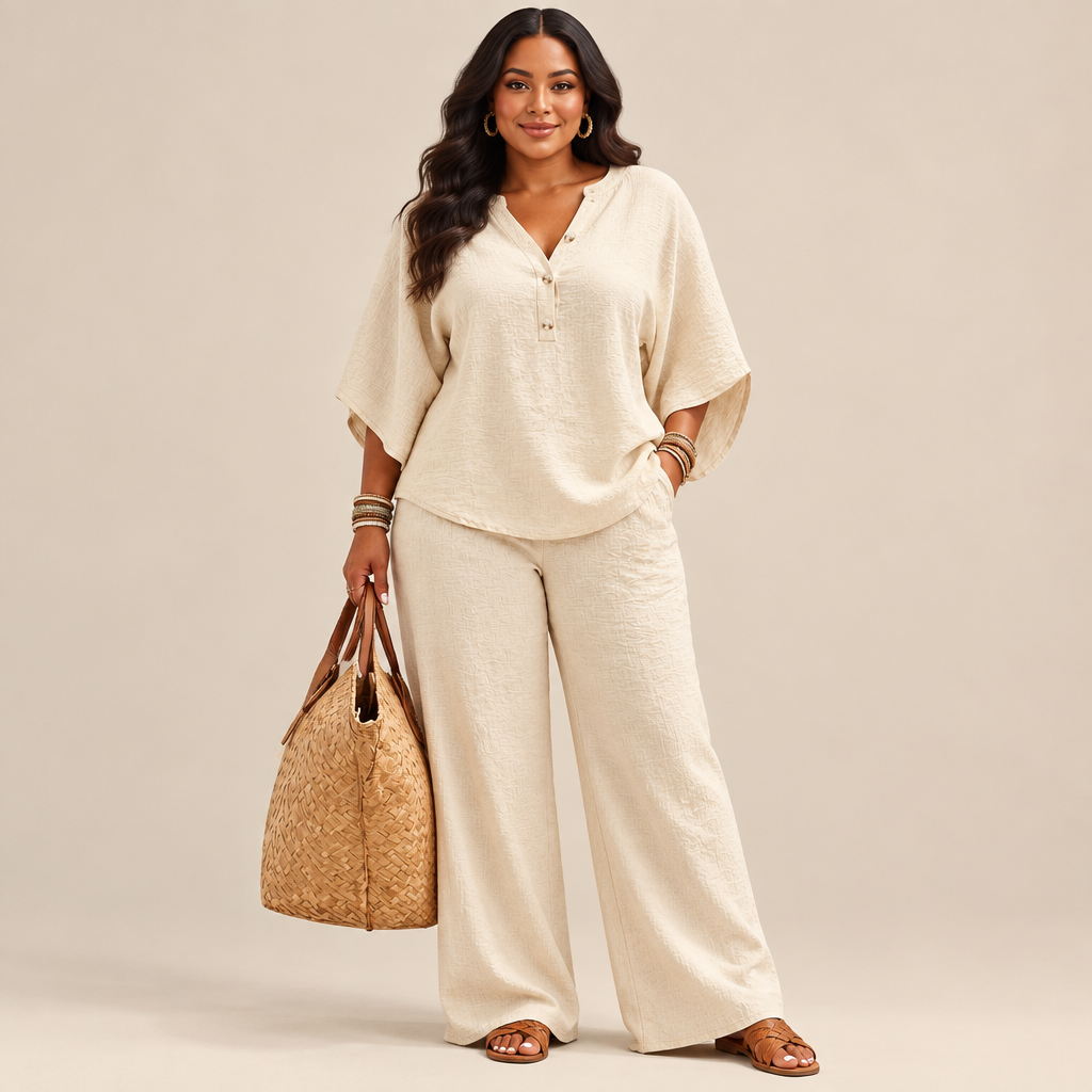 Plus Size Stand Collar Batwing Sleeve Shirt/Top And Wide-Leg Pants