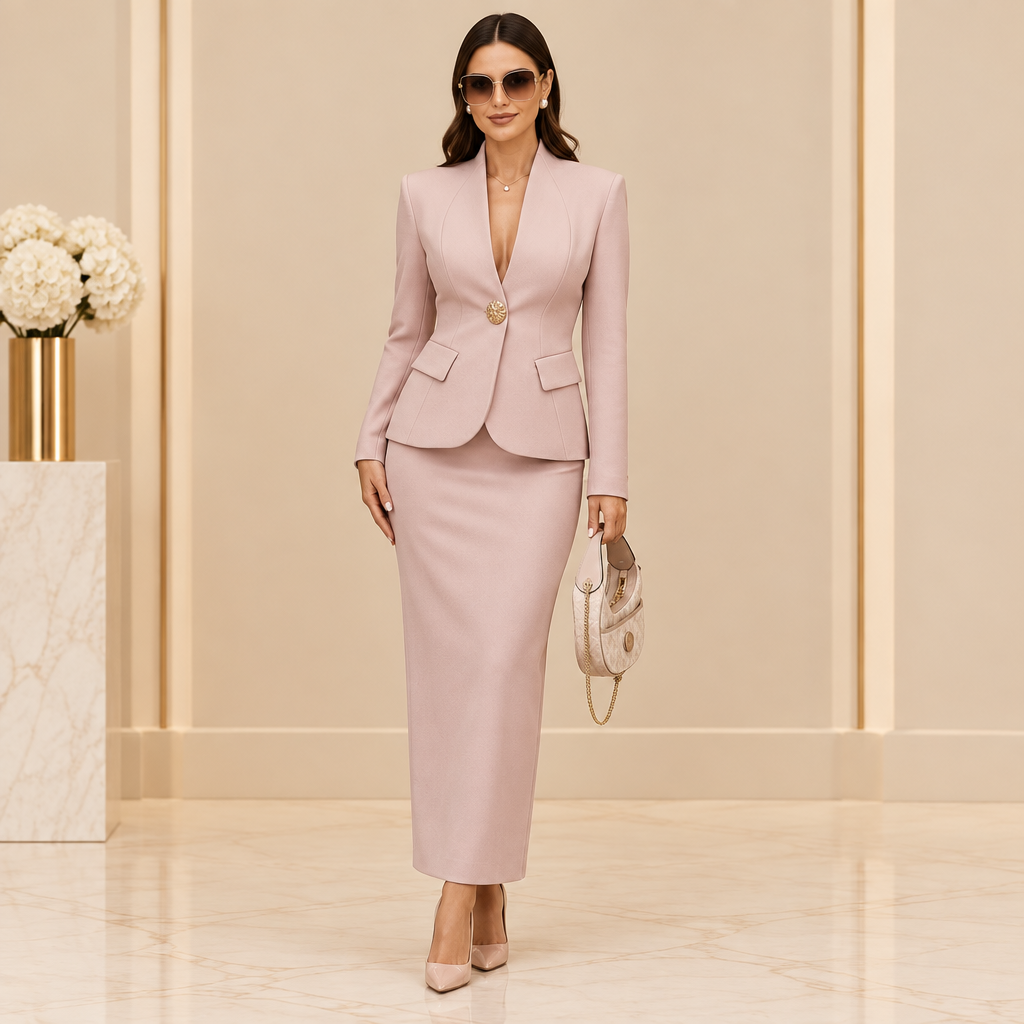 New Stand-Up Collar Large Metal Decorative Buckle Waist-Cinching Blazer Set
