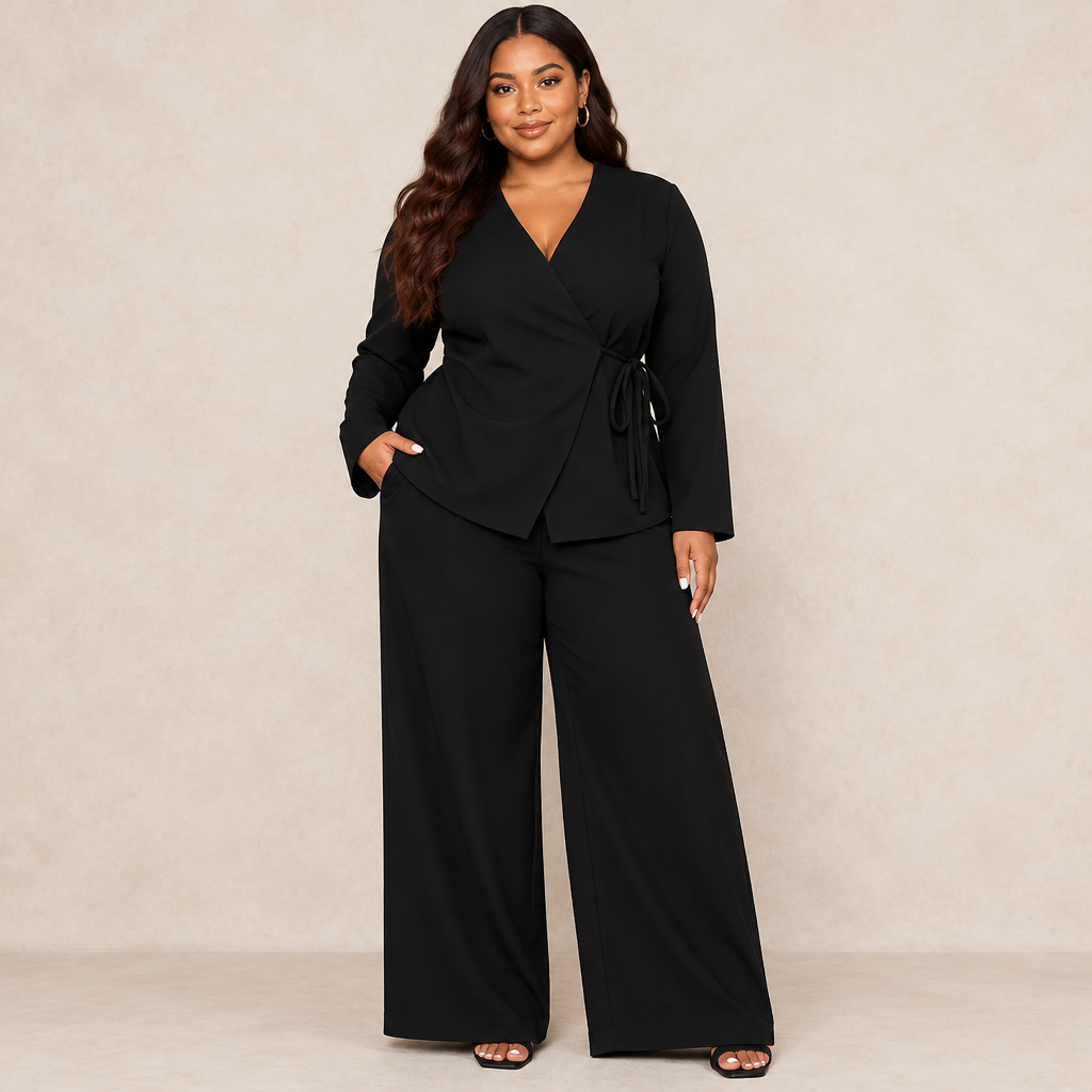 Plus-size Solid Color Wrap-around Tie-waist Long-sleeve Jacket and Wide-leg Pants