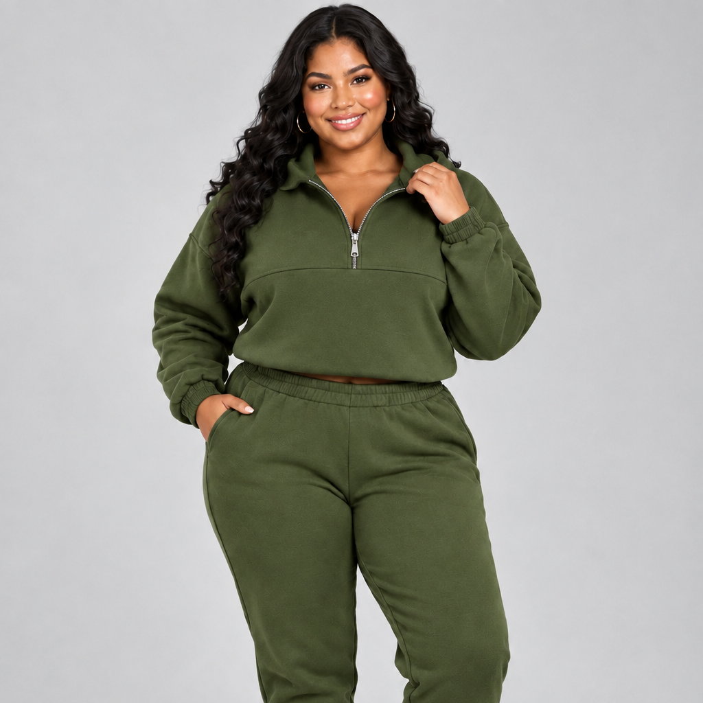 Plus Size Half-Zip Stand-Up Collar Casual Two-Piece Set