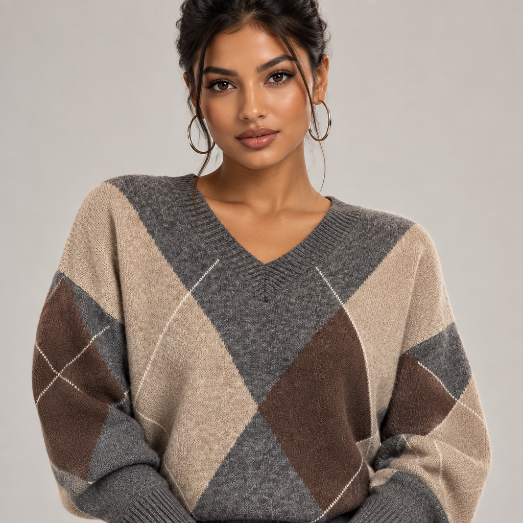 Plaid Pullover V-Neck with Stylish Loose Fit And Long Sleeve Sweater