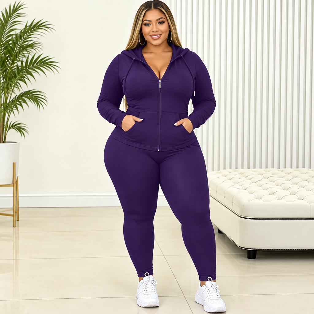 Plus Size Ribbed 2pcs Full Zip Hooded Jacket with Pocket High Waist Lift Leggings