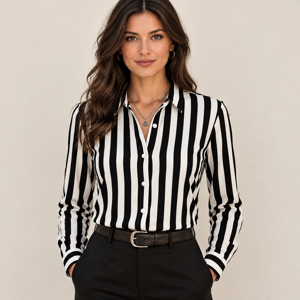 Black & White Long Sleeve Button-Up Blouse
