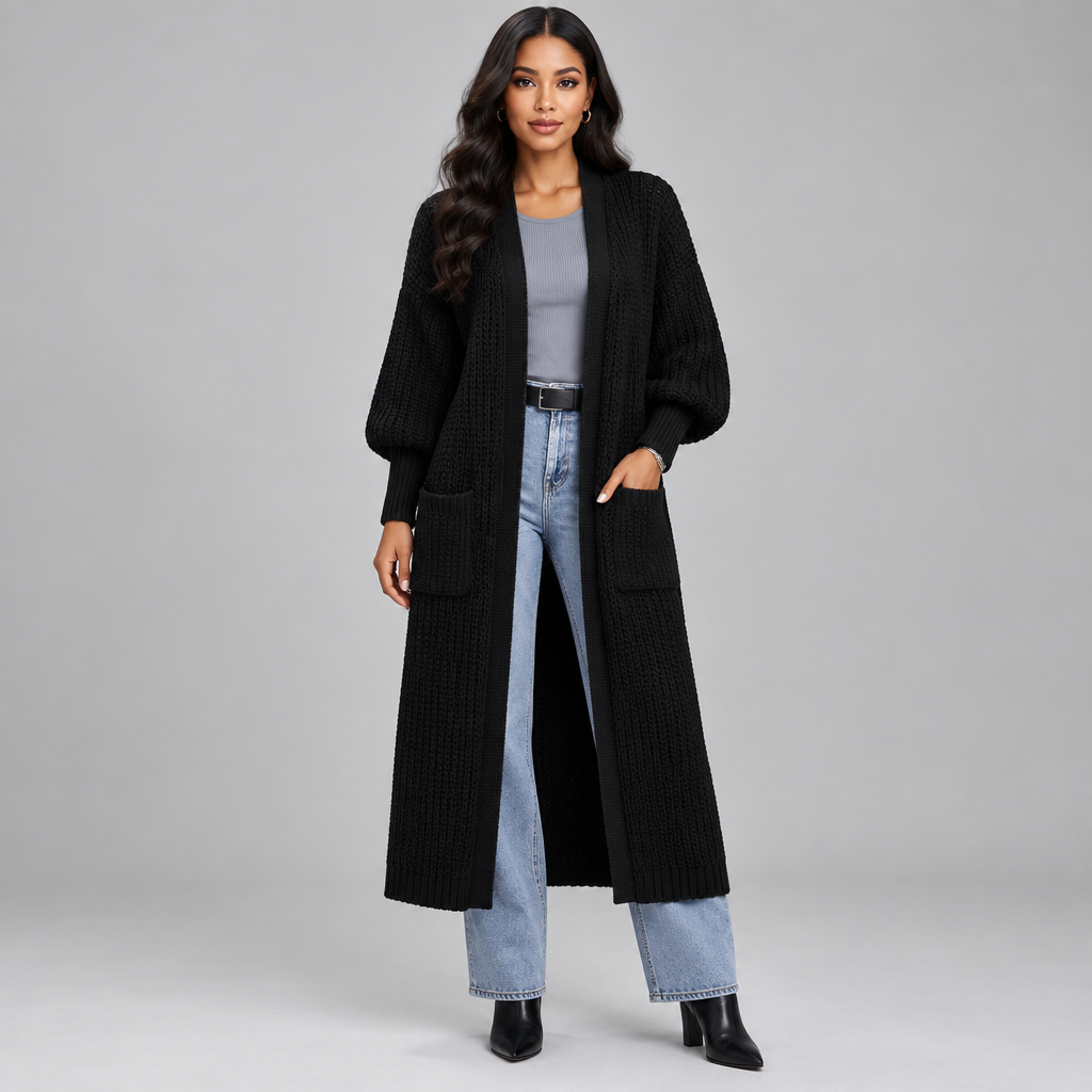 A Solid Color Long Cardigan with Pockets, Exuding Elegance And Style.
